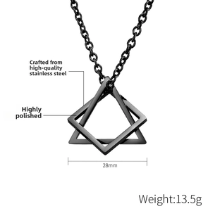 Macro detail of high polished stainless steel layered triangle pendant with dimensions