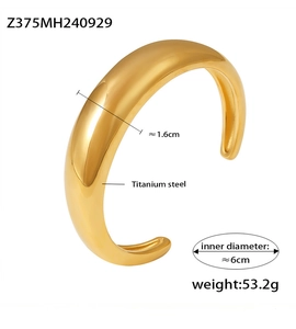 Detailed specs of 18K gold plated titanium steel cuff bracelet with 1.6cm width and 6cm diameter