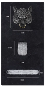 Detailed werewolf costume set showing mask, fur chest piece, and tail dimensions