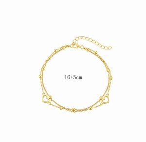 Detail of double-layer gold heart bracelet showing beads and 16+5cm adjustable chain