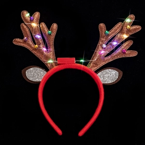 Detail of LED Christmas reindeer antlers headband with sequins and colorful bells