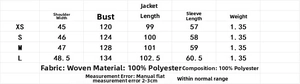 Detailed size chart for the handmade wool blend coat with specific woven measurements