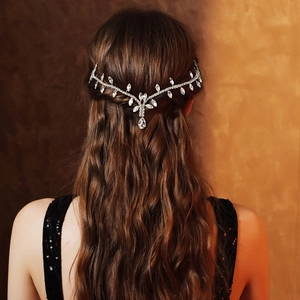 Silver rhinestone bridal forehead chain with leaf vine design for weddings and parties