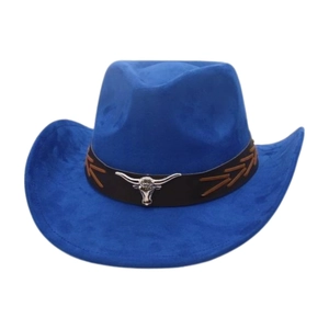 Ethnic style royal blue faux suede cowboy hat with brown leather band and silver bull head
