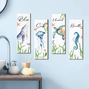 Set of 4 nautical ocean wall art signs featuring Relax Soak Unwind Breathe and sea creatures