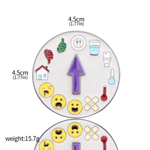 Detail view of colorful social battery mood pin showing 4.5cm diameter and 15.7g weight