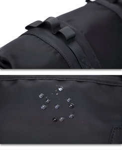 Detail of waterproof nylon fabric with droplets and tactical modular webbing on black bag