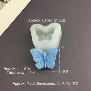 Macro shot of butterfly silicone mold showing blue resin butterfly dimensions 4.3x3.5cm