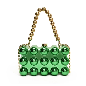 Glossy green acrylic bubble clutch bag with gold sphere handle and metal chain strap