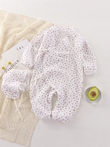 Floral baby girl romper with matching cotton sun hat, long sleeve spring cotton onesie