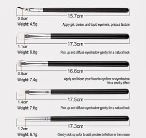 Detail of 5 professional makeup brushes with silver ferrules and black handles