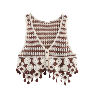 Women Vintage Crochet Knit Vest Top Bohemian V Neck Hollow Out Button Down Tassel Hem Geometric Pattern Retro
