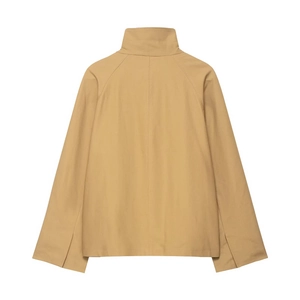 Women's khaki short trench coat with stand collar and loose fit silhouette back view
