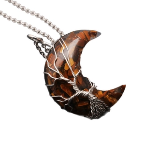 Tiger eye moon pendant necklace with silver wire-wrapped tree of life on white background
