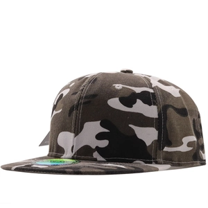 Classic tri-color camouflage snapback hat with flat brim and sticker on white background