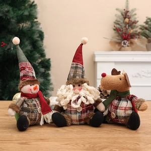 Christmas Plaid Fabric Ball Ornaments Santa Claus Reindeer Snowman Plush Doll Button Desktop Festive Holiday Decor