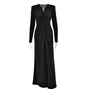 Robe longue noire à manches longues avec décolleté en V plongeant et fente latérale haute