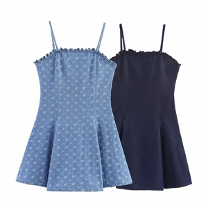 Mini Abito In Denim Con Spalline Da Donna Scollo Con Volant Spalline Regolabili Stampa Floreale Linea A Senza Maniche Elegante