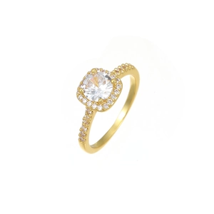 Elegant gold halo ring with square-cut center stone and pave-set diamonds on the band