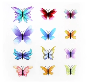 Set of 12 colorful 3D PVC butterfly wall stickers in various sizes on a white background