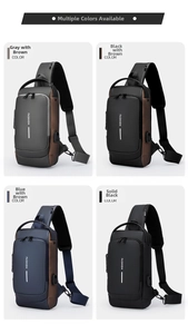 Detail grid showing four colors of anti-theft chest bags: grey, black, blue, and brown