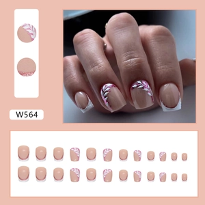 Short square press-on nails with white leaf design and pink glitter French tips 24pcs