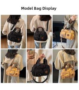 Detailansichten einer wasserdichten Nylon-Umhängetasche mit vielen Taschen in Schwarz und Gelb