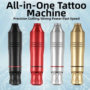 Detail view of professional rotary tattoo pens in black, red, silver, and gold finishes