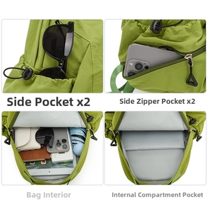 Detail view showing side pockets, side zippers, and internal spacious compartments of the backpack