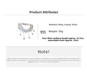 Detailed view of plush white choker with crystal tassels and 42.5cm total length