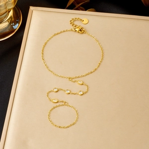 Hand Harness Bracelet Stainless Steel Geometric Zircon Ring Link Hand Back Chain Gold Plated Minimalist Women Jewelry