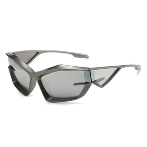Futuristic dark grey geometric sunglasses with matte metallic frames on white background