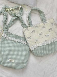 Lace canvas crossbody bag and tote with blue plaid patterns and bow prints
