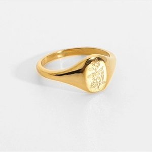 Anello con sigillo in acciaio inossidabile placcato oro 18K con girasole inciso su bianco
