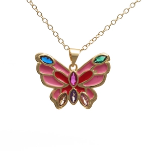 Colorful butterfly pendant necklace with pink enamel and multi-color gemstones on gold chain