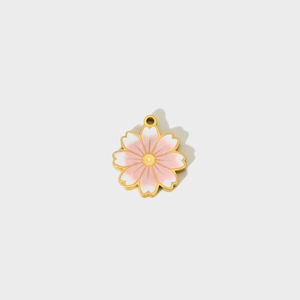 Gold plated stainless steel cherry blossom pendant with pink and white enamel petals