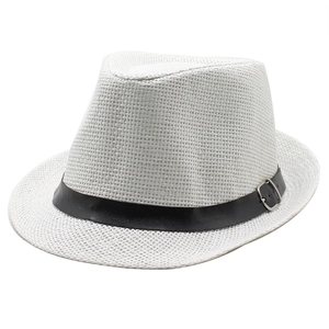 Close-up of white straw fedora featuring a black leather band and silver metal buckle detail