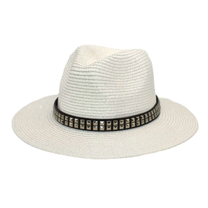 Close-up of white straw fedora with black leather band and silver square metallic studs