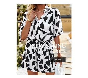 Detail view of the black geometric print pattern on a white summer shirt and shorts set