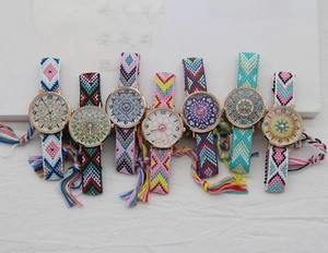 Detailed set of Bohemian hand-woven quartz watches with mandala dials and colorful tassels