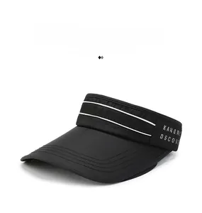 Detail of black open top sun hat with breathable fabric and side lettered webbing