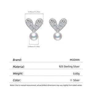 Elegant s925 silver heart stud earrings with sparkling crystals and white pearls for women