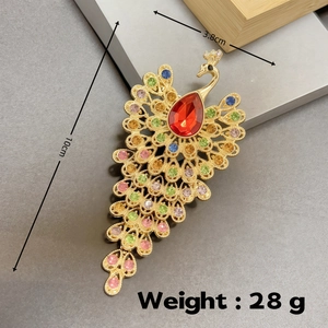 Golden peacock brooch with colorful rhinestones and red gemstone, 10x3.8cm size