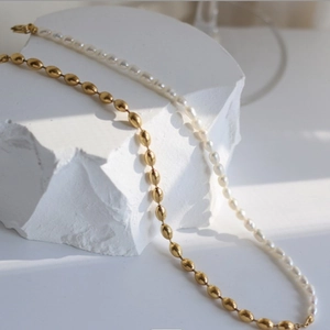 Mechanical splice barrel bead and pearl choker necklace in 18K gold plated finish