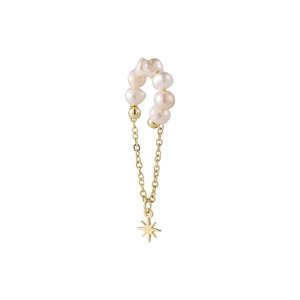 Detailed view of pearl ear bone clip with gold star pendant and freshwater tassels