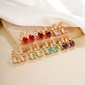 Square Cubic Zirconia Dangle Hoop Earrings Copper Gold Plated Luxury Elegant Gemstone Jewelry For Women