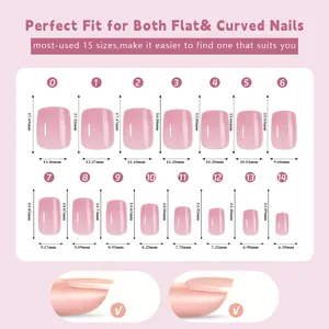Detailed size chart for 15 press-on nail sizes with precise width and height measurements