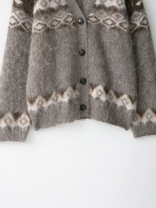Close-up of Fair Isle jacquard knit cardigan with plush texture and black buttons