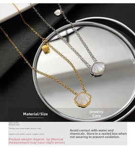 Detailed specs of titanium steel shell pendant necklace with size and material info