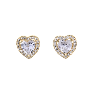 S925 sterling silver heart stud earrings with sparkling cubic zirconia in gold finish